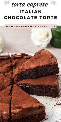 a chocolate torta cake cut into slices on a plate