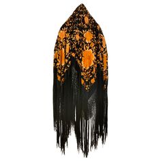 1930s Marigold Cabbage Rose Embroidered Black Silk Piano Shawl with Long Hand-Knotted Fringe All Around: Very large and in excellent condition. Antique hand-embroidered from China, most likely. Flamenco Shawl, Piano Shawl, Knotted Fringe, Boho Shawl, Hermes Kelly Bag, Kimono Coat, Cabbage Rose, Wool Trench Coat, Long Fringes