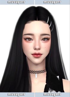 an animated image of a woman with long black hair and piercings on her head