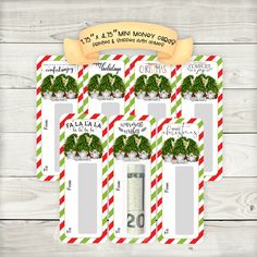 printable christmas gift tags with candy canes and trees on the front, in green and red striped paper