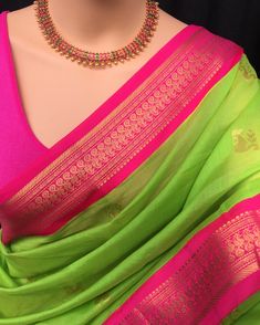 Parrot Green Saree Look, Green Saree Pink Border, Maharashtrian Silk Saree, Pink Cotton Saree Contrast Blouse, Pink Blouse Green Saree, Green Saree With Blue Blouse, Green With Pink Silk Saree, Pink Saree Green Blouse, Green Saree Pink Blouse Designs