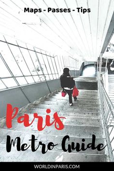 a woman is walking up some stairs with her red handbag and the words paris metro guide