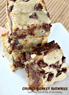 chocolate chip cookie brownies stacked on top of each other