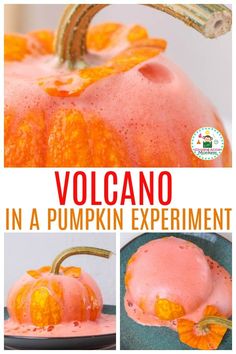 an orange and pink pumpkin is shown with the words volcano in it