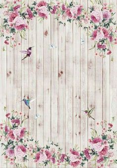 a white wooden background with pink flowers and birds