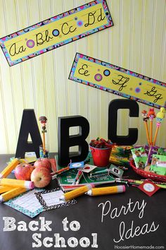 back to school party with alphabets and crayons, pencils, apples, etc