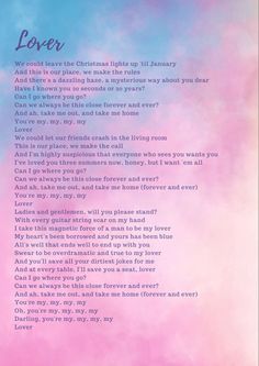 a poem written in blue, pink and purple with the words lover on it's side