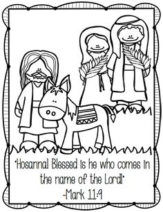 a coloring page for the bible with three children and an image of jesus on horseback