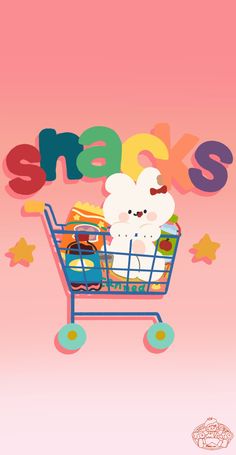 a small shopping cart filled with food and the words snacks written in large letters above it