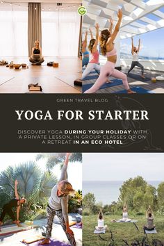 the yoga for starter flyer is shown with photos of people doing yoga in front of an ocean view