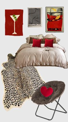 the bedroom is decorated in red, white and leopard print with an animal print rug