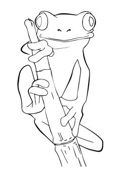 a drawing of a frog holding onto a branch with its eyes closed and tongue out