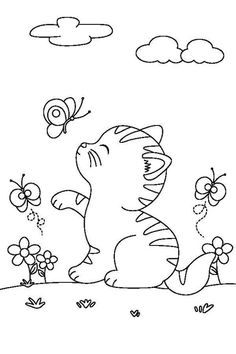 a cartoon bear sitting in the grass with flowers and butterflies around his neck, looking up at