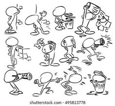 black and white cartoon people doing different things