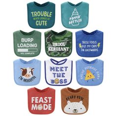 Keep your little man from getting messy with the 10 Piece Oh Boy Terry Bib Set from The Peanutshell. Featuring 10 boy-themed sayings and playful designs in bright colors, these bibs are perfect for feeding, teething, and drooling. Crafted from luxurious cotton blend terry cloth, our bibs are super absorbent, machine washable and fade-resistant. The easy-to-use hook and loop ensures quick changes and cleanup, offering exceptional everyday value. Adjustable to fit newborns to toddlers, these bibs Thoughtful Baby Shower Gifts, Tropical Baby Shower, Baby Boy Bibs, Nursing Baby, Bib Set, Gifts For New Parents, Baby Bedding, Boy Baby, Burp Cloths