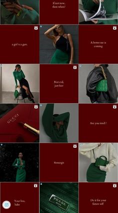 a collage of photos showing different styles of clothes and accessories, including green dresses