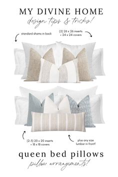 the queen bed pillows are shown in different sizes and colors, along with measurements for each pillow