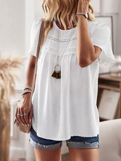 Get ready to flirt and play in the Ventura Lace Trim Short Sleeve Top! This flirty white top features delicate lace trim and a comfortable short sleeve design. Perfect for a sunny day out or a casual date night. (Playful, flirty, and perfect for any occasion) Size Guide: Model is 5’6” tall, and has a 33.2” bust, 26.4” waist, & 35.2” hips. She is wearing a S / US 4 / AU 8. This top is true to size. Material: 100% Polyester. Feature: Crew neckline. Short sleeves. Breathable lightweight fabrication. Not lined. Relaxed fit. Care Instructions: Machine wash / Cold hand wash Sequin Jumpsuit, Long Bodycon Dress, Jumpsuit Shorts Rompers, Midi Dress Bodycon, Short Rompers, Wide Leg Jumpsuit, Cardigan Jacket, Blue Blouse, Hoodie Dress