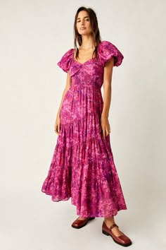 Sundrenched Maxi Dress | Nuuly Rent Free People Aesthetic, Magenta Dress, Maxi Sundress, Short Sleeve Maxi Dresses, Tiered Midi Dress, Buzz Lightyear, Sleeve Maxi Dress, Vacation Dresses, Woven Dress