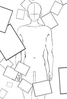 a drawing of a man standing in front of squares and rectangles