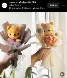 two stuffed animals are holding flowers in their hands, one is yellow and the other is brown