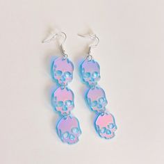 New Iridescent Skull Dangly Earrings - Pastel Halloween Shimmery Iridescent Acrylic Material Shines Different Colors As It Catches The Light Dangly Drop Fish Hook Style Pierced Earrings Approximately 4” Length X 0.75” Width Boutique Item Comes New In Sealed Plastic Iridescent Acrylic Earrings, Iridescent Acrylic, Acrylic Ideas, Halloween Color, Pastel Halloween, Baublebar Earrings, Fun Jewelry, Colorful Earrings, Dangly Earrings