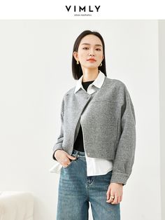 Vimly Wool & Blend Coats Casual Cropped Jacket Stand Collar Qulited Jackets for Woman 2023 Autumn Gray Collared Outerwear For Spring, Oversized Long Sleeve Cropped Jacket For Work, Gray Long Sleeve Outerwear For Spring, Winter Long Sleeve Cropped Jacket, Winter Long Sleeve Single-breasted Cropped Jacket, Single Breasted Long Sleeve Cropped Jacket For Fall, Gray Lapel Collar Outerwear For Spring, 2023 Autumn, Wool Blend Coat