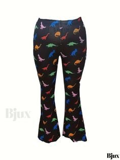 Bjux - Womens Plus Size Casual Trousers - Elastic High Rise Flared Leg Pants with Colorful Dinosaur Print Flare Leg Pants, Casual Trousers, Dinosaur Print, Plus Size Casual, High Rise, Elastic, Trousers, Plus Size, Pants