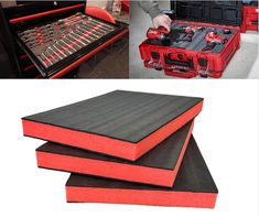 several different types of tools in red and black cases, including an open tool box