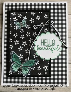 a black and white checkered card with green butterflies on it, the words hello beautiful are