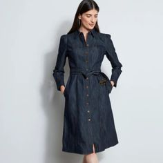 Brand New, Never Worn And Ready For A Place In Your Wardrobe! Meet This Modern, Endlessly Versatile Midi Shirtdress In Stretch Denim That’s Infused With An Edgy Feminine Vibe. The Sporty Patch Pocket, Self-Sash & Contrasting Caramel Stitching Give It The Cool Factor You Want For Easy Fall Days. Dress It Up With Heels Or Down With Sneakers- Effortlessly Chic Either Way. Elie Tahari Exclusive Denim Midi Shirt Dress 74% Cotton, 24% Polyester, 2% Elastane Runs True To Size. Length From Shoulder To H Elegant Long Sleeve Denim Dress For Spring, Elegant Denim Blue Midi Denim Dress, Elegant Midi-length Denim Dress, Elegant Midi Length Denim Dress, Denim Blue Fitted Midi Dress For Workwear, Fitted Denim Blue Midi Dress For Work, Elegant Denim Dress With Pockets For Fall, Elegant Denim Blue Dress With Pockets, Elegant Belted Denim Dress