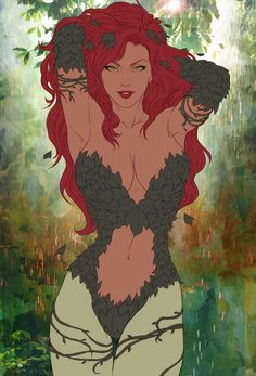 an image of a woman with red hair and green dress, in the background is a forest