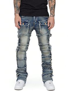 Men Slim-Fit Casual Jeans With Frayed Edges Blue    Denim Plain,All Over Print Skinny Medium Stretch  Men Clothing, size features are:Bust: ,Length: ,Sleeve Length: Outfit Uomo, Hip Hop Cap, Street Life, Kids Baseball, Jeans Casual, Casual Hat, Pocket Jeans, Hip Hop Fashion, Slim Fit Men