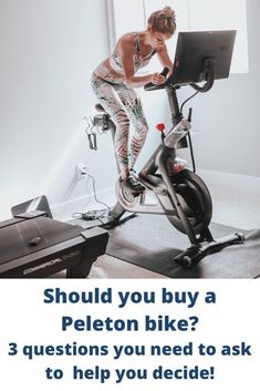 a woman on a stationary bike with the text is the peloton bike right for you? check out my honest review