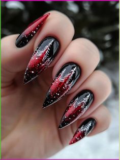 Deck your coffin nails with holiday glamour using 25 fabulous Christmas designs! Discover manicures inspired by cozy sweater patterns, shimmering ornaments, and festive ribbons. These elongated beauties will add a touch of seasonal sophistication to your look, making every gesture merry and bright. Dark Festive Nails, Christmas Nails Ornaments, Gothic Holiday Nails, Dark Fall Nail Ideas, Winter Goth Nails, Dark Christmas Nail Designs, Grunge Christmas Nails, Dark Nails Designs, Dark Holiday Nails