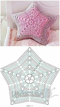 the crocheted pillow is next to an image of a bed with pink and white sheets