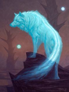 a white wolf standing on top of a rock