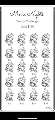 the movie nights savings challenge is shown in black and white, with numbers on each side