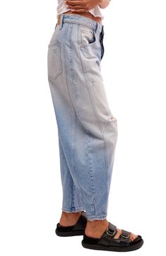 Structured barrel legs lend retro shape to nonstretch jeans accented with slash-like seams and allover sanding for a vintage look. 27" inseam; 20 1/2" leg opening; 12 3/4" front rise; 14 1/2" back rise (size 29) Hidden button fly 57% cotton, 43% lyocell Machine wash, tumble dry Made in Turkey Barrel Leg Jeans, Sanding, Vintage Look, Vintage Looks, Good Luck, Leg Jeans, Mid Rise, Barrel, Top Brands