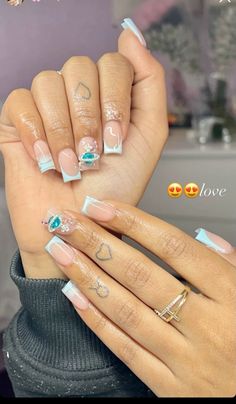 Pretty Nail Sets, Cute Short Nails With Charms, Nail Ideas Short French Tips, Y2k Short Junk Nails, Nails Acrylic With Charms, Blue Acrylic Nails Almond, Bad And Boujee Nails Short, Short Acrylic Nails Blue, Short Blue Acrylic Nails