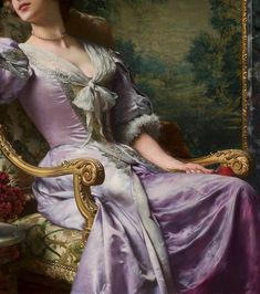 a painting of a woman in a purple dress sitting on a gold and white chair