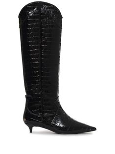 black calf leather embossed crocodile effect high-shine finish gold-tone logo plaque pointed toe pull-on style knee-high branded leather insole 40mm kitten heel leather sole Faux Fur Handbag, Embossed Boots, Leather Stamps, Anine Bing, Kitten Heel, Boots Black, Boot Shoes Women, Cow Leather, Embossed Leather