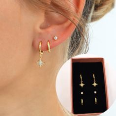 More Style at https://www.etsy.com/ca/shop/HoneywoodJewelry  SOLD IN PAIRS  ▶ DETAILS ◀ Purchasing Options (SOLD IN PAIRS): A: Star Hoops (9 mm inner diameter) B: Plain Hoops (8 mm inner diameter) C: 2.5 mm CZ Stud (butterfly backings * 20G) Gold Finish: 18K gold-plated 925 sterling silver Silver Finish: Rhodium-plated 925 sterling silver Hypoallergenic, nickel-free, and suitable for everyday wear ▶ SHIPPING ◀ All orders will be shipped out the following business day after the order has been rec Earrings Stacking Ideas, Celestial Earring Stack, Earring Stack Silver, Gold Earrings Stack, Silver Earring Set, Stacking Earrings, Star Jewellery, Earring Piercing, Woodland Earrings