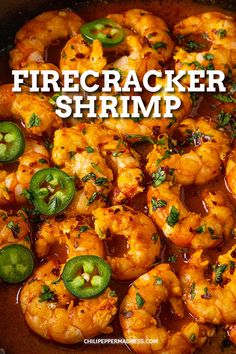 a skillet with shrimp and jalapenos in it that says firecracker shrimp