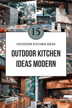 an outdoor kitchen with wooden cabinets and counter tops