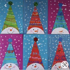 four pictures of snowmen with hats on each one and the other two are made from colored paper