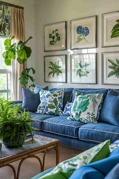 a living room filled with blue couches and green plants