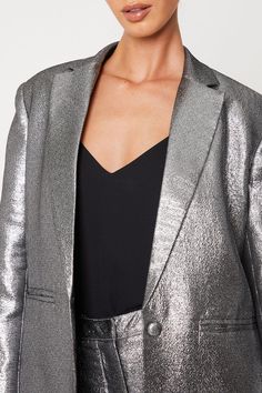 Sparkle Jacquard Single Breasted Blazer Silver Blazer Outfit, Chic Fitted Metallic Blazer, Luxury Elegant Silver Blazer, Chic Silver Fitted Blazer, Luxury Metallic Women's Blazer, Silver Blazer, Black Blazer Outfit, Tailored Jacquard Single-breasted Blazer, Metallic Jacket