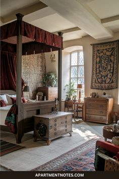 a bed room with a neatly made bed and lots of furniture