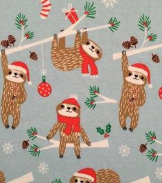 three slotty bears wearing christmas hats and scarfs on a blue background with snowflakes